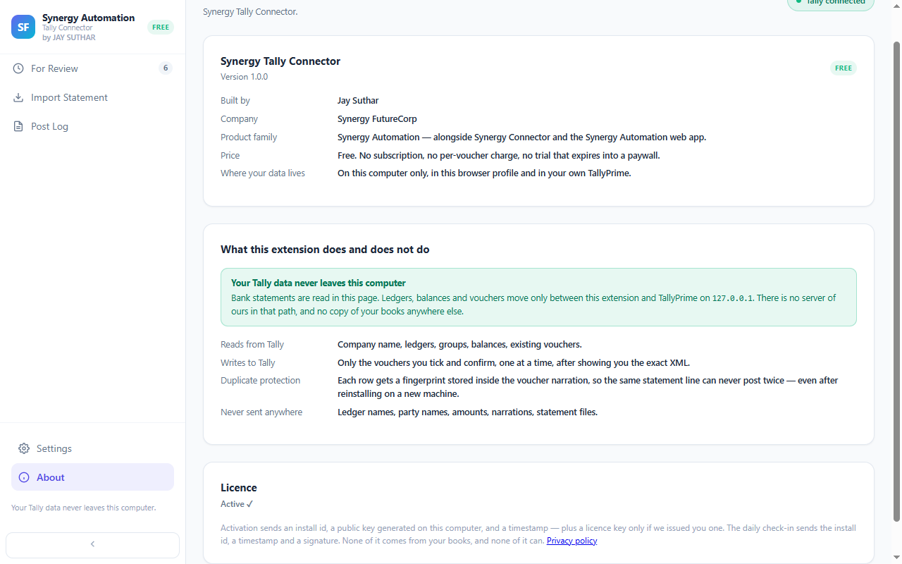 The extension's privacy settings, showing data kept on the local computer